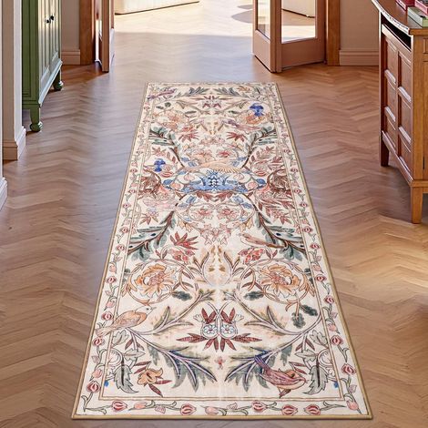 Tapis Lavable de Couloir 60×180 cm, Rose Floral, Doux Bohème, Vintage Oiseau, Antidérapant pour Salle de Bain, Entrée, Salon et Cuisine (1/5)