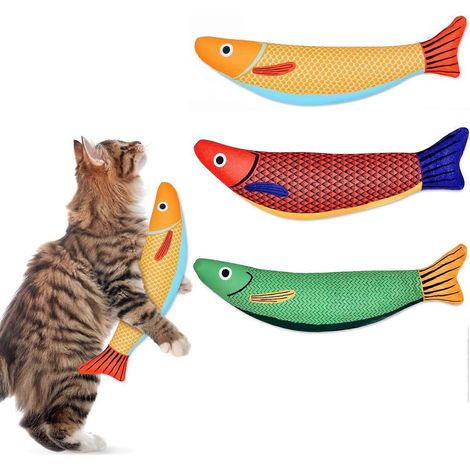 3 piècesJouets pour chats, lot de 3 jouets à l'herbe à chat, doux et résistants avec hochet, jouets interactifs pour chatons d'intérieur, 24 cm, jouet à mâcher en forme de poisson Saury (1/5)