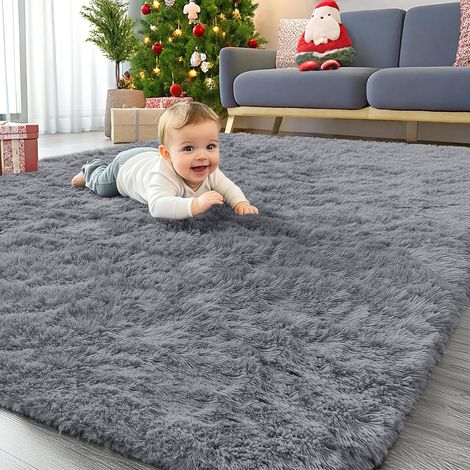 Tapis Moelleux à Poils Longs - Dessous antidérapant - Lavable - pour Le Salon, la Chambre d'enfant, la Chambre à Coucher - 120 x 160 cm, Gris (1/5)