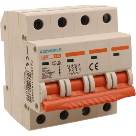 MCB Interruttore Magnetotermico Automatico Curva B 4P 4M 6000A B20A AC 400V IP20 IEC60898-1 SB6L