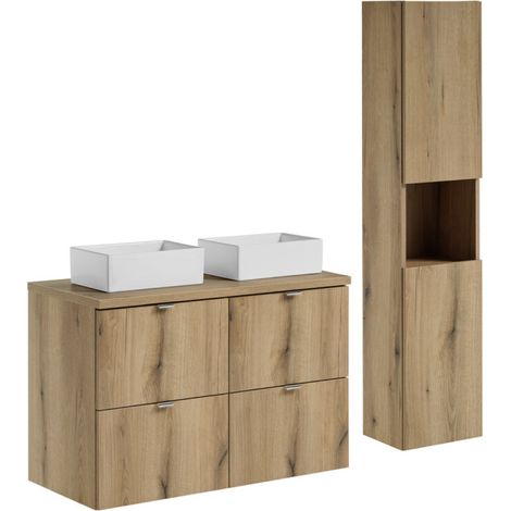 Ensemble salle de bain double vasque ovale blanche NOVA OAK 130cm avec meubles suspendus et colonne-Naturel (1/5)