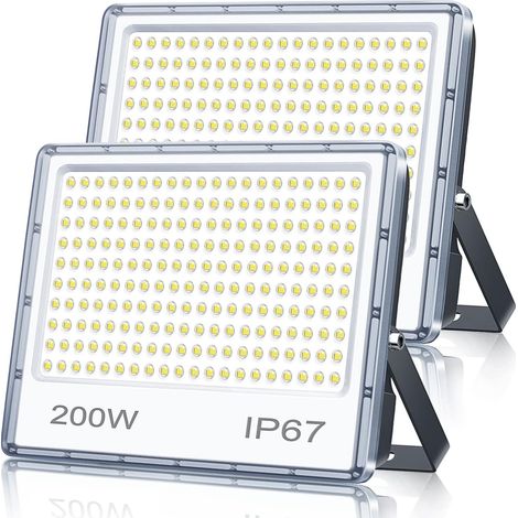 Projecteur LED Exterieur 200W 2 Pièce, 20000LM Spot LED Extérieur Avec Transformateur, IP67 Imperméable 7000K Blanc Froid Pour Terrasse Jardin Stade Usine