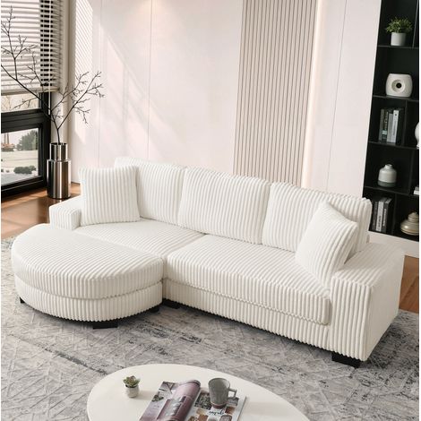 Canapé d'angle 256.5x133.5x89 cm beige en velours côtelé avec méridienne modulable et 2 coussins (1/5)