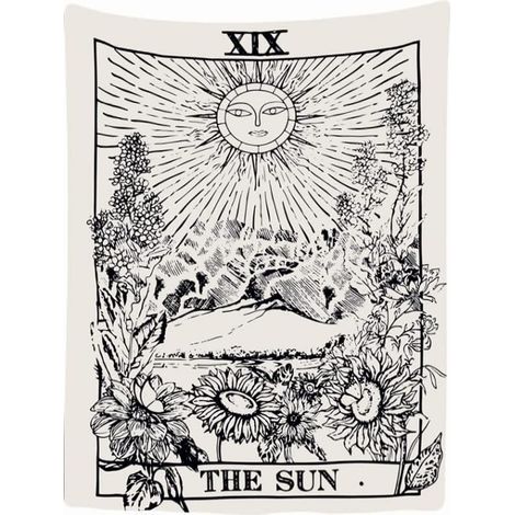 Decorative Wall Tapestry for Bedroom - Sun Nature Floral Vintage Retro Tarot Horoscope Black and White - 150 x 200 cm Large - Fabric Wallpaper - Panoramic Decoration (1/5)