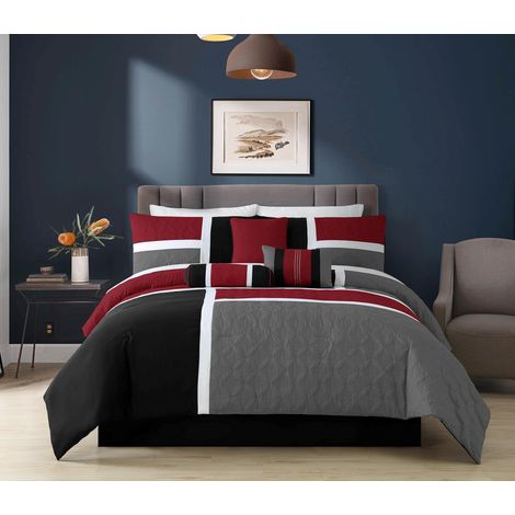 Ensemble de Couette matelassée 7 pièces, Rouge/Gris/Noir, très Grand lit californien, mélange de Polyester (1/5)