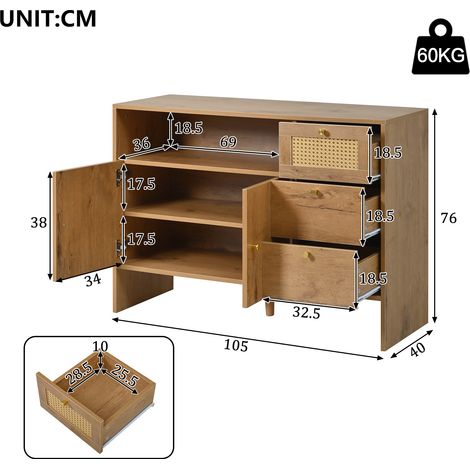 Buffet, en bois et rotin, 2 portes, 3 tiroirs, 105 x 40 x 76 cm, pour cuisine et salle à manger, commode de rangement pour cuisine et salon