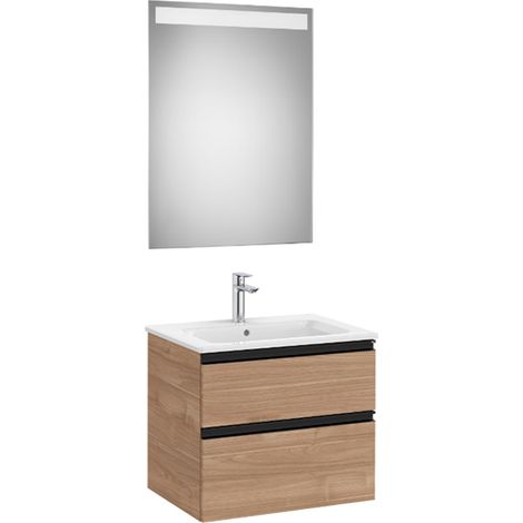 Pack meuble "The Gap" 600 - 2 tiroirs + lavabo slim + miroir LED - noyer/poignées noires - Roca (1/2)