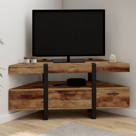 AUSTRIA Mueble de TV esquinero de madera de 110 cm con patas de pino y cajones (1/5)