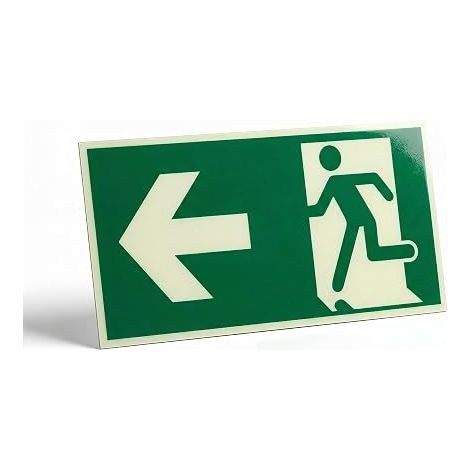 Emergency Exit Sign Photoluminescent Left Arrow This 2 mm solid aluminium panel with adhesive is photoluminescent DIN 67510 and ISO 7010 certified. (1/5)