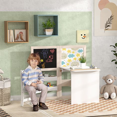 Table enfant avec chaise 3 en 1 avec chevalet pliable étagères de rangement. rouleau de papier - 3 à 8 ans. blanc