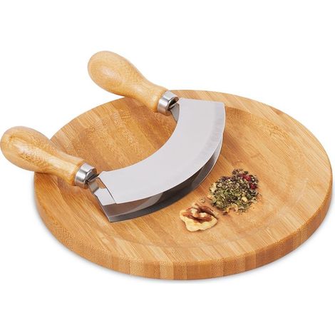 Hachoir berceuse à double lame – Planche en bambou 20 cm – Découpe précise pour herbes et épices – Acier inoxydable durable (1/5)