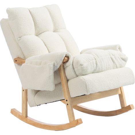 Fauteuil à bascule avec poches latérales, revêtement en flanelle et pieds en bois d'hévéa, blanc crème (1/5)