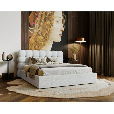 Emporius Lit double 160x200 cm Parlas, lit rembourré en tissu bouclé avec rangement, sommier à lattes, Crème (1/5)