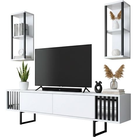 Dmora - Mobile porta TV Iva, Credenza da soggiorno, Armadio basso per TV, Base parete attrezzata, 180x30h48 cm, Bianco e Nero