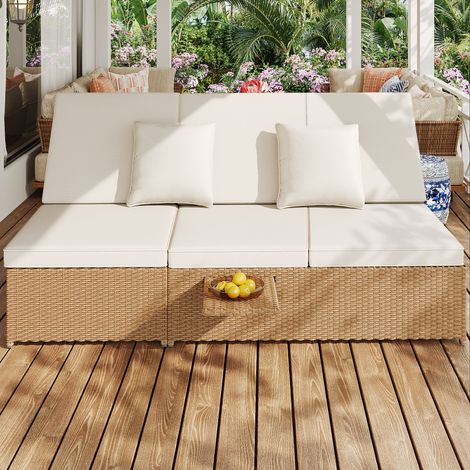 Transat double en rotin extérieur convertible résistant aux intempéries avec coussins adapté salon balcon jardin couleur blanc