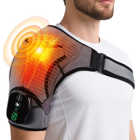 Massaggiatore per spalle riscaldato wireless, tutore riscaldato con 3 livelli di calore e vibrazione, touch screen e batteria da 5000 mAh, adatto per spalla sinistra/destra per unisex (grigio) (1/5)