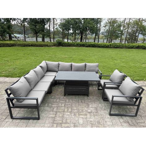Fimous 8 Piece L-shaped Garden Furniture Set 9-Seater Aluminium Outdoor Dining Set with Adjustable Rising Lifting Dining Table 2 Chairs Dark Grey (1/5)