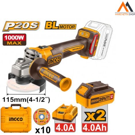 SMERIGLIATRICE BRUSHL 1000W D115MM C/2 BATTERIE 4Ah E DISCHI