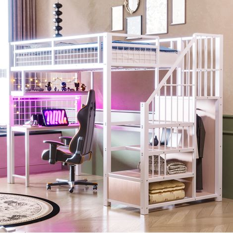 Lit mezzanine 90/200 cm blanc en métal avec bureau, escalier de rangement et prises (1/5)