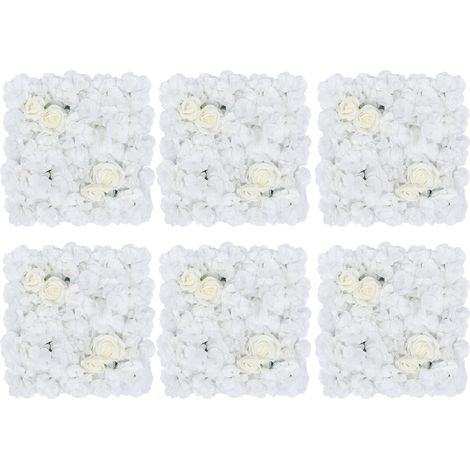 Lot de 6 panneaux muraux de fleurs artificielles, panneau floral hortensias et roses, mur de fleurs en tissu soie, fond photo pour mariage, baptême, fête et décoration murale intérieure - 42x42 cm, bl (1/5)