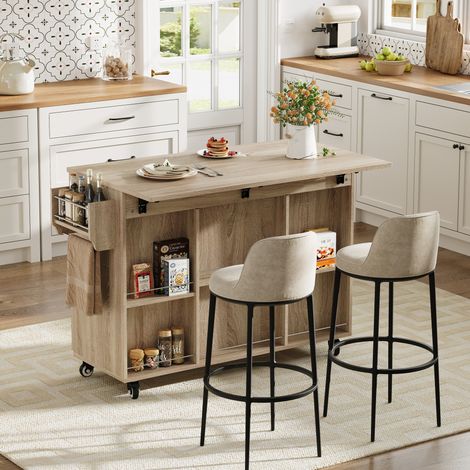 Isola da cucina 120x43.5x92.9 cm naturale in MDF con piano pieghevole e ruote (1/5)