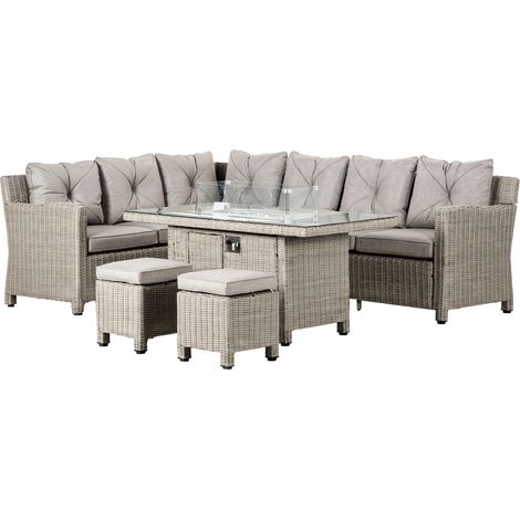 8-Seater Outdoor PE Rattan Sofa Set Conversation Set w/ Fire Pit Table, L-Shape Sofa, Footstool Furniture Cover (1/5)