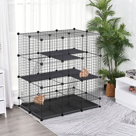 Cage parc enclos rongeurs modulable dim. L 111 x l 75 x H 119 cm 3 niveaux 4 portes fil métallique noir