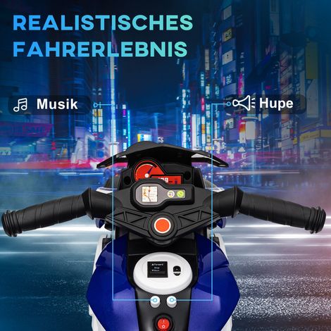 Moto électrique enfant avec phares et sons, 3 km/h, rechargeable, plastique et métal, bleu/blanc (1/5)