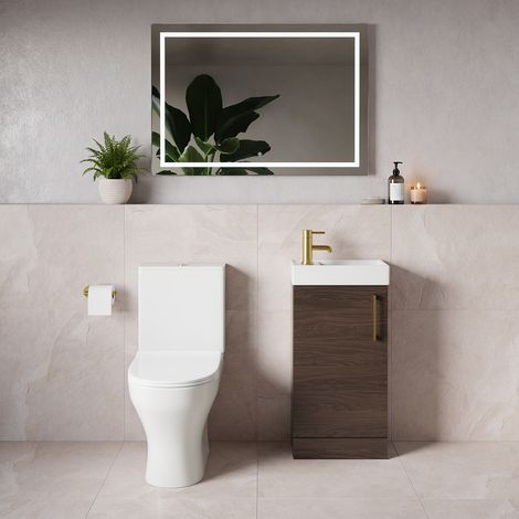Napoli Cube Brown Oak 400mm Single Door Vanity Unit and Jubilee Toilet Suite with Align Basin - 400mm - Brushed Brass 160mm Handle