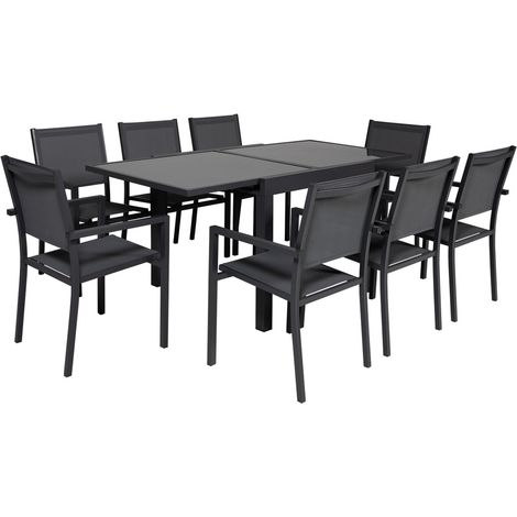 Happy Garden – Salon de jardin extensible 8 places en textilène gris – Structure aluminium anthracite – Table 90/180 × 90 × 75 cm – Chaises empilables (1/5)