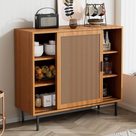 Buffet 100 x 90 x 37 cm, meuble de rangement avec séparateurs réglables et deux portes coulissantes, scandinave, Marron (1/5)