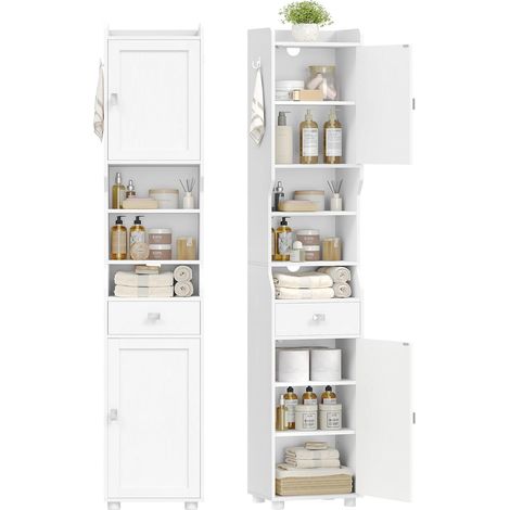 Armoire de Salle de Bain Étroit, Meuble de Rangement Haute avec 2 Portes et 1 Tiroir, Étagère Réglable, Compartiment Ouvert, pour Salle de Bain, Salon, Cuisine Moderne, Blanc (1/5)