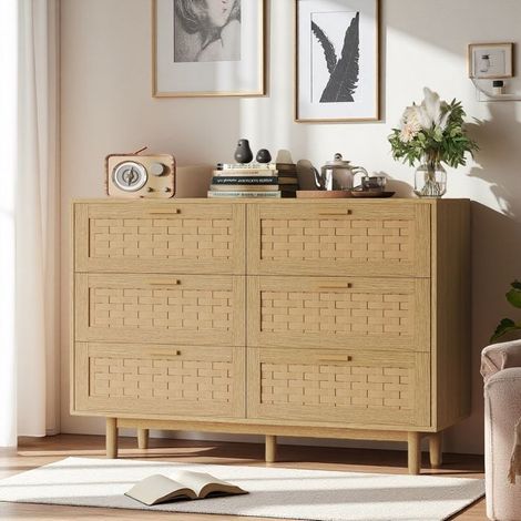 Rattan-Buffet, Wohnzimmerbuffet aus Holz, 115x40x80 cm, Schlafzimmerkommode mit 6 Schubladen, Moderner Stil, Aufbew Möbel