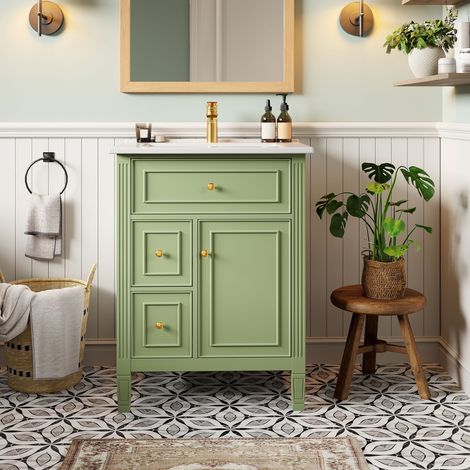 Meuble vasque salle de bain pied central 61 cm, finition laquée vert brillant, tiroir rabattable, deux tiroirs à glissière, porte avec rangements – mitigeur absent (1/5)
