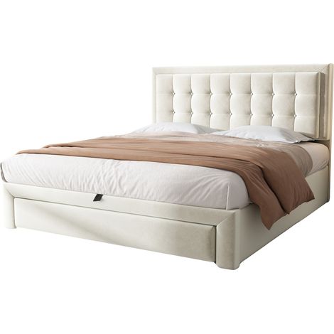 Lit Coffre Lit Double, 2 Tiroirs et Tête de Lit Réglable, 140×190 cm, sans Matelas, en Velours, Beige (1/4)