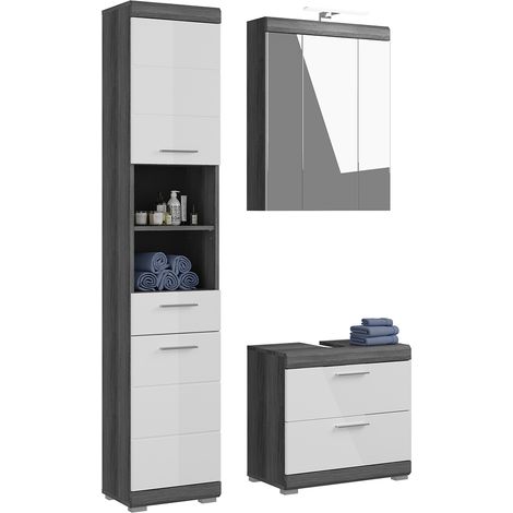 Badezimmermöbel Set 3-teilig modern in Hochglanz weiß mit grau SIROCO-158 (1/5)