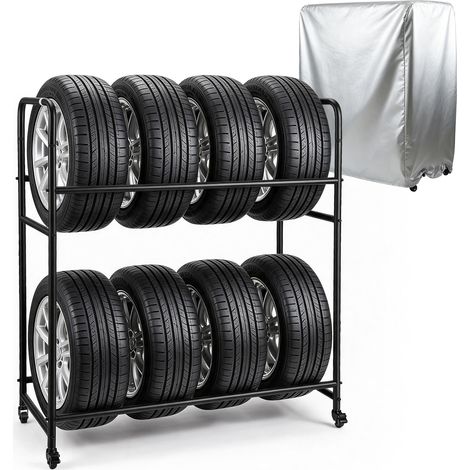 TolleTour Mobiler Reifenständer mit 4 Rollen, 2 davon mit Bremse, für 8 Reifen, 180 kg Tragkraft, 3 Höhenstufen, bis 240 mm, mit Schutzhülle (1/5)