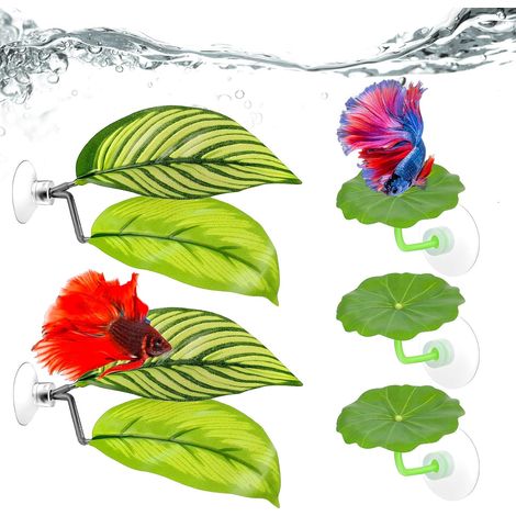 5pcs Betta Fish Accessories Tank Decorations Leaf Hammock Toys Set Soft Aquarium Decor Plastic Plants That Won’T Damage Fishtail Aquarium Hideout With Spare Suction Cups for Shrimp Smallfish (Green) (1/5)