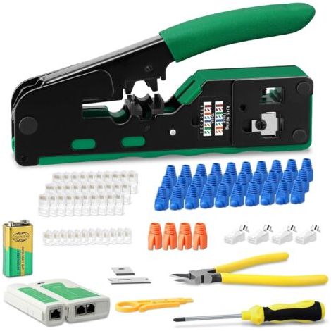 QORVA-Pince a Sertir Rj45, Kit de sertissage RJ45/RJ11/RJ12, avec 4 x conectores RJ45 CAT6a/7, 30 x conectores RJ45 Cat5/Cat5e/Cat6, 10 x 6P6C conectores RJ11/12, Testeur de câble réseau