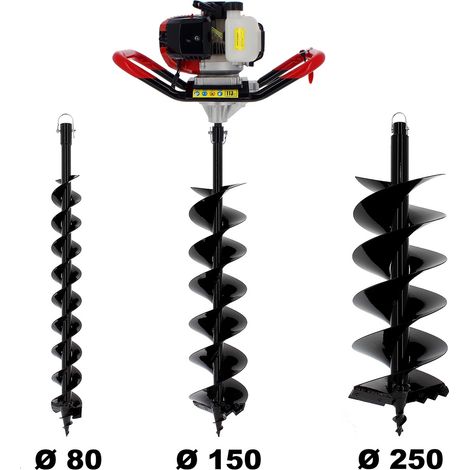 Tarière thermique semi-professionnelle 62 cm³ – Mèches Ø 80, 150 et 250 mm – Vitesse de forage ajustable – Système de débrayage – Suricut