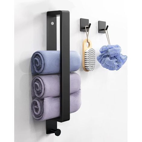 Porte-serviettes noir sans perçage - Porte-serviettes d'invités, porte-serviettes de salle de bain auto-adhésif en acier inoxydable avec 2 crochets, barre de 40 cm pour salle de bain et cuisine (1/3)