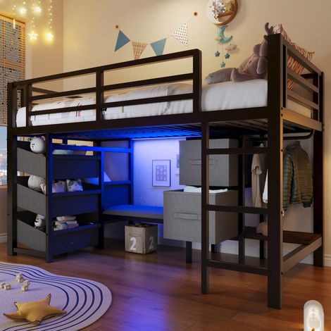 Letto semi-alto in metallo nero 90x200 cm con LED multicolore, cuscino seduta e contenitori in tessuto (1/5)