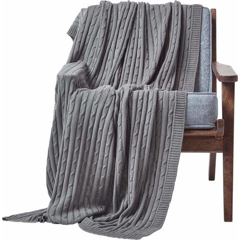 HOMESCAPES Cotton Cable Knit Throw, Grey, 150 x 200 cm