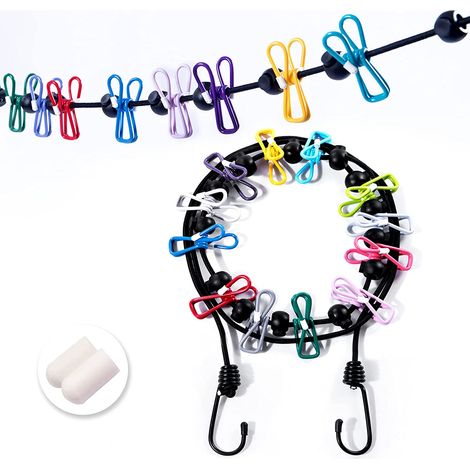 Clothesline - Retractable Elastic Nylon Rope - For Travel Camping RV Boat Indoor Outdoor Use - With 2 Steel Hooks And 12 Clips - 5.9 Ft Extended To 12.8 Ft