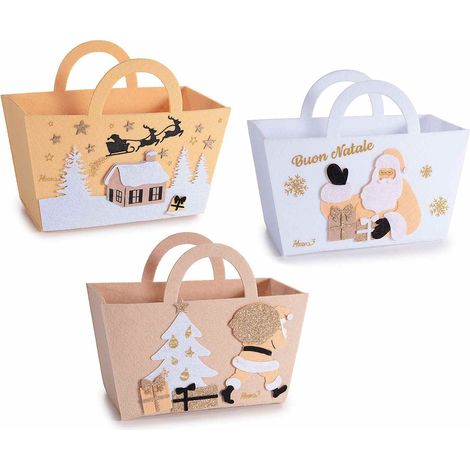 Borsette a cestino di Natale in panno con decori a fantasia natalizia in rilievo e dettagli glitter, set da 6 pezzi, cm22x10x12,5H (con manici18)