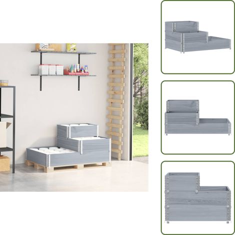 Lit surélevé à 3 niveaux gris 120x80 cm bois de pin massif - Jardin Vertical - Bac À Plantation - Pot De Fleurs Extérieur - Jardinière Modulable - Culture Verticale