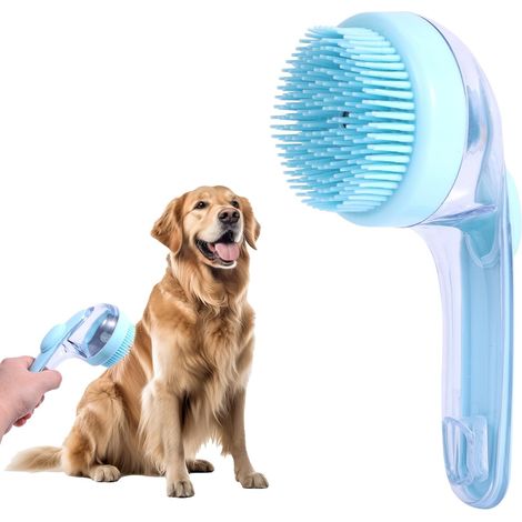 Cepillo de baño para perros con dispensador de champú, cepillo de jabón para perros para la ducha, lavado de perros, aseo y limpieza de perros y gatos de pelo largo y corto (Azul)