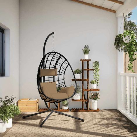 Chaise suspendue œuf pivotante avec support en rotin et acier anthracite noir 104 x 100 x 197 cm - PANGIVO (1/5)