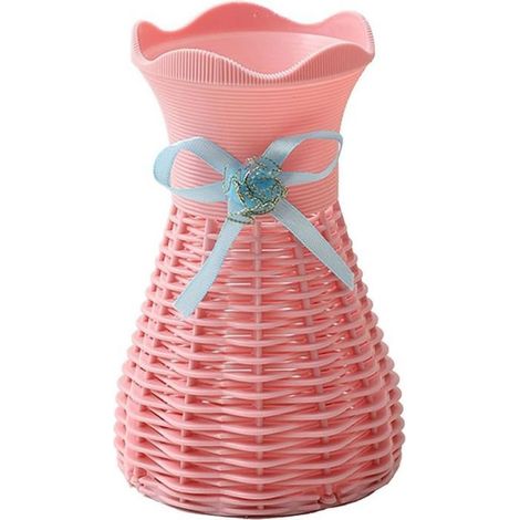 Vase en plastique rose tressé 8,5 x 16 cm, idéal fleurs séchées et déco moderne. (1/5)