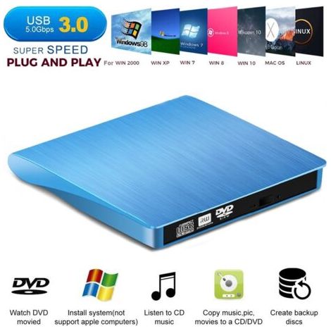 BUNTHAUS Lecteur CD/DVD Externe Usb 3 0 , Bleu (1/5)